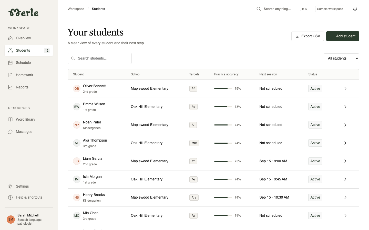 The Merle caseload view listing students with their target sounds, practice accuracy, and next session