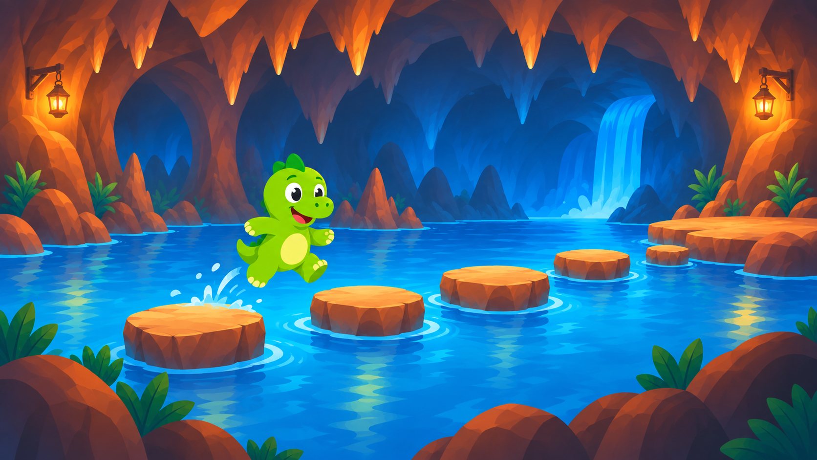 Spriggy leaping between stepping stones in a blue underground cave