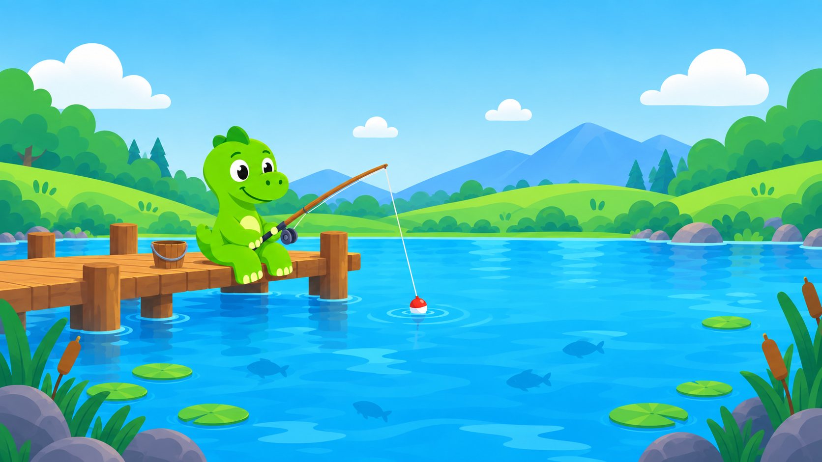 Spriggy fishing from a wooden dock on a bright pond