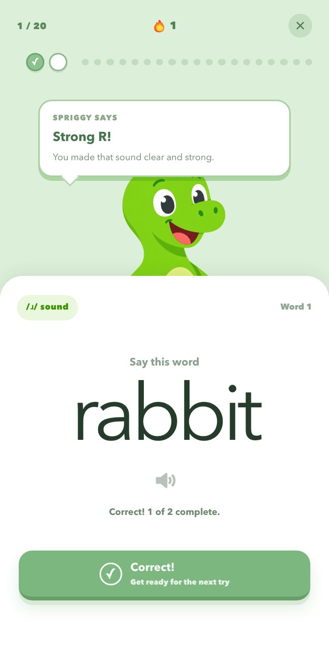 The app confirming a correct attempt, with Spriggy saying Strong R