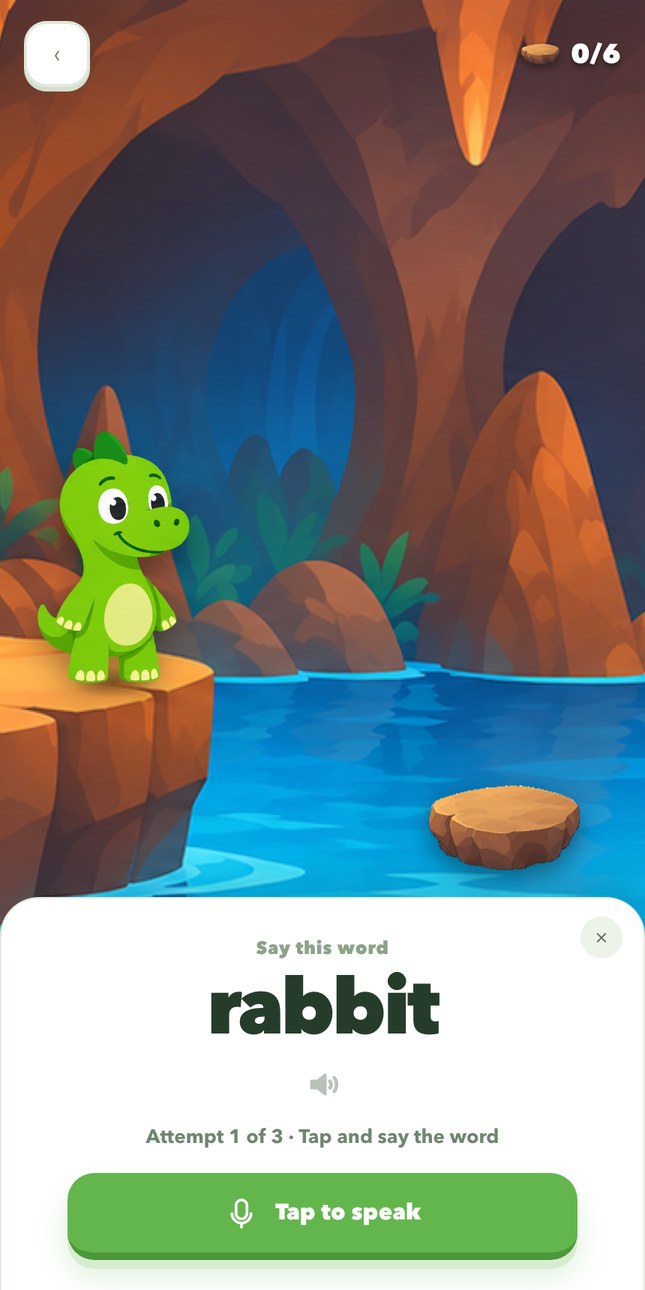 The cave crossing game asking the child to say the word before jumping