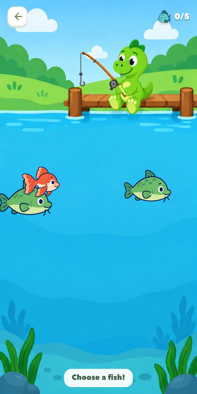 The fishing game with Spriggy on the dock and fish to choose from