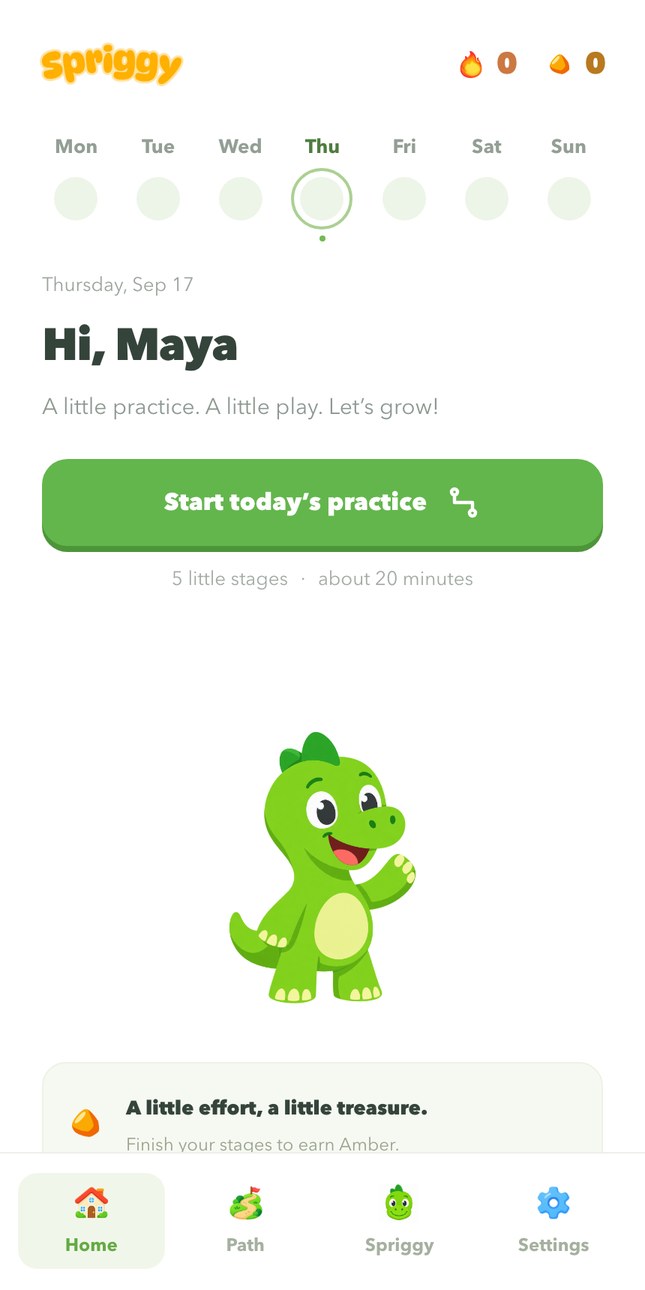 The app home screen greeting the child and offering today's practice