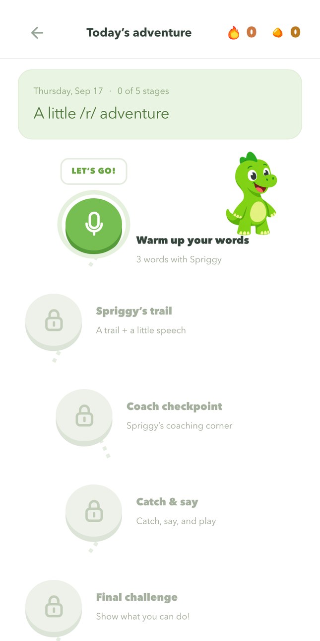 Today's path, showing five stages with the first one unlocked
