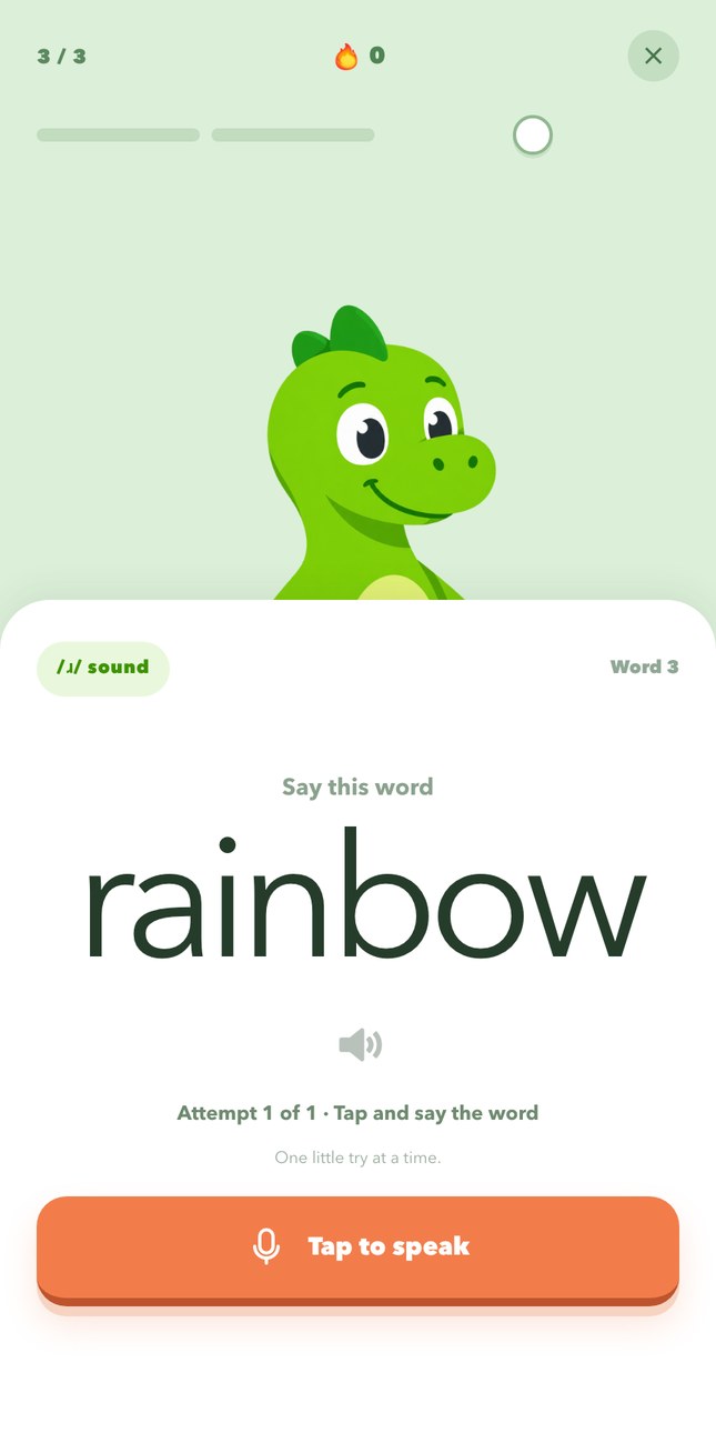 The warm-up screen showing the word rabbit and a tap-to-speak button